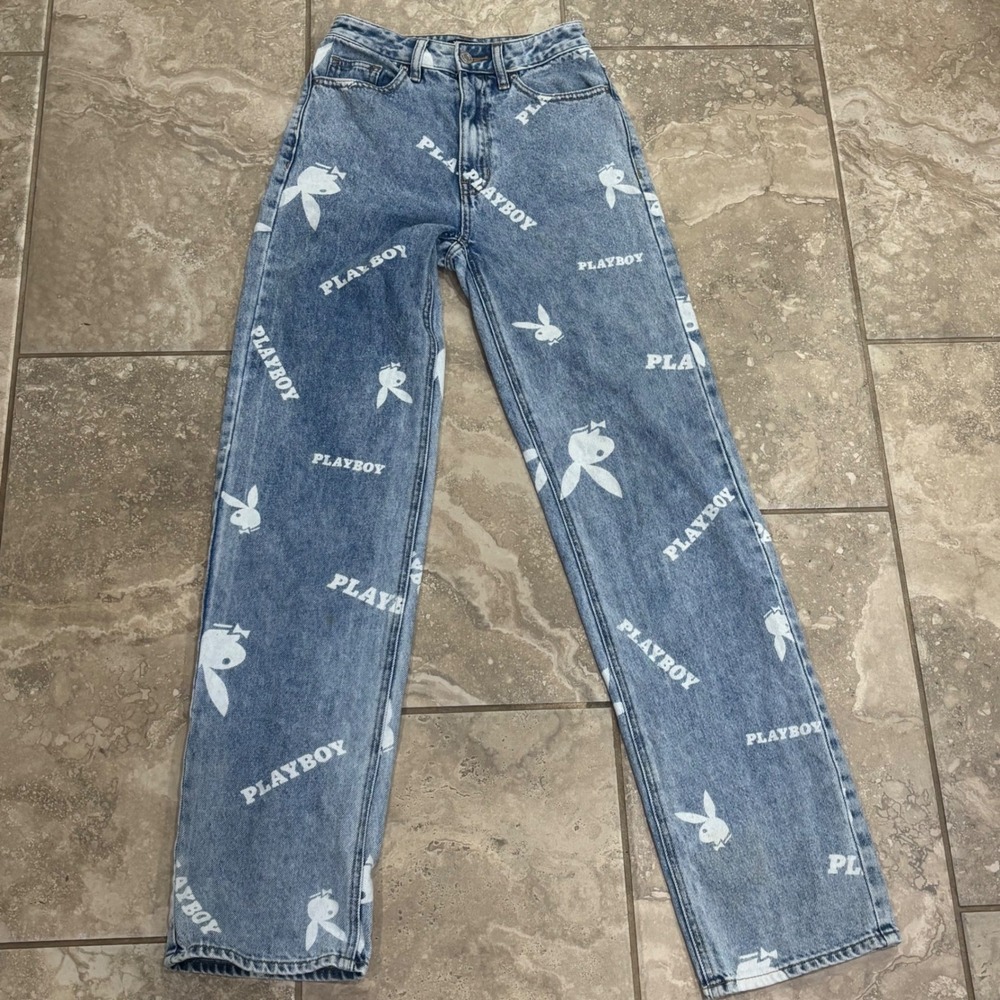 Playboy by PacSun Womens High Waisted Straight Leg Jeans Blue Logo Print Size 23